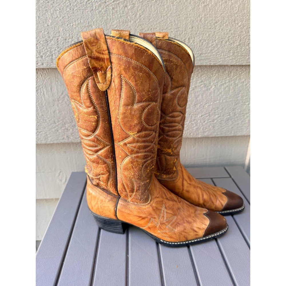 Texas Brand Mens Vintage Cognac Leather Western Cowboy Boots 1084 Size 8 D